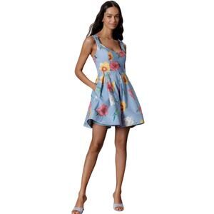 Maeve by Anthropologie Printed Mini Dress sz M Blue, Hibiscus Flowers & Parrots